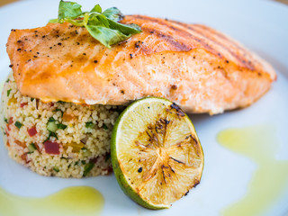 grilled salmon with rice and lime