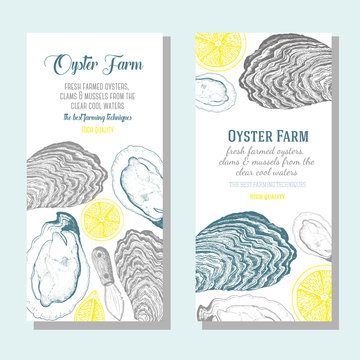 Oyster vertical banner collection. Oyster hand drawn in ink illustration. Vector vintage illustration. Line art graphic. Oysters flyer set for farm or a restaurant.