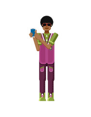 illustration isolated of African American man dark hair, touch screen smartphone by hand in flat style