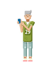 illustration isolated of European blonde man in sports shirt and sweatpants, touch screen smartphone by hand in flat style
