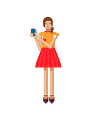 illustration isolated of European girl with brown hair in red flared skirt, blouse, touch screen, smartphone in hand