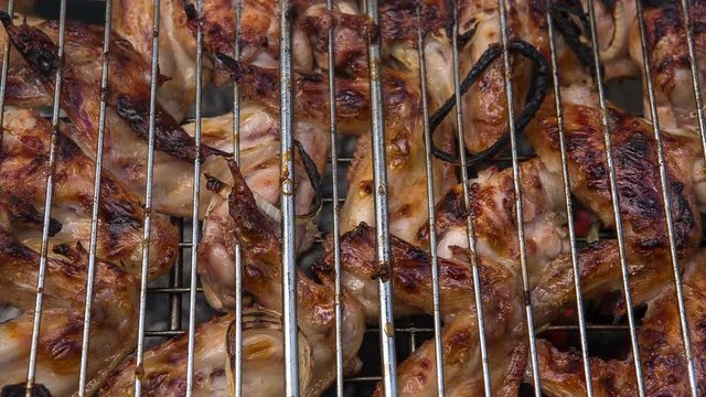 Food. Preparation of roasted meat on the fire outdoors for a picnic and relax.