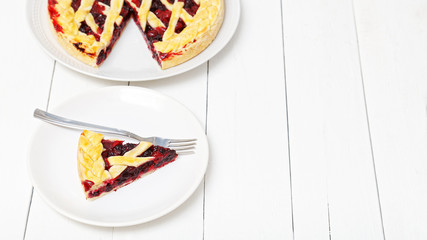 Piece of homemade berry pie. Copyspace.