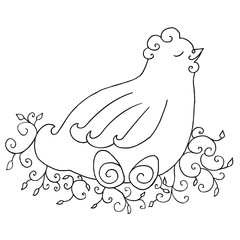 Broody vector. Coloring book chicken with eggs.