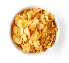 Corn flakes bowl isolated on white, from above