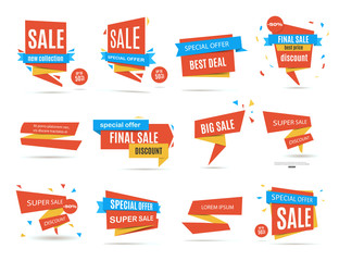 Set of red sale discount and promotion banners. Label collection. Banner design. Vector illustration, eps 10