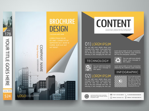 Brochure design template vector.Business flyers report magazine poster layout template.Cover book portfolio presentation orange page curl on a4 poster layout design.City design on brochure background.