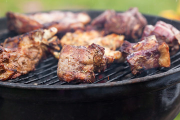 Cooking grilled red meat on barbeque