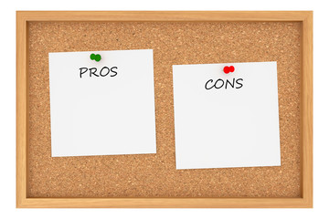 Pros And Cons: Cork Board With Wooden Frame Isolated On White Background, 3d illustration