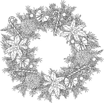 Christmas wreath with candies, cones and holly leaves.Coloring p
