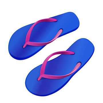 Beach slippers. Colorful summer flip flops. Blue and pink summer flip-flops. Realistic vector illustration isolated on white background