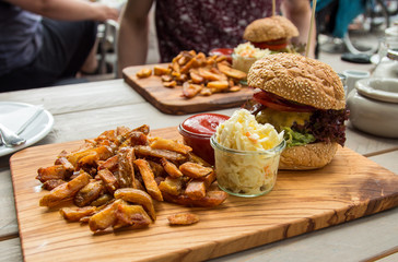 burger with fries cabbage ketchup