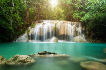 Fototapeta na wymiar Erawan Waterfall in Kanchanaburi in Thailand. 