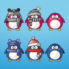 Funny cartoon pinguins with winter hats set