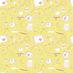 Frame for embroidery, scissors, organizer, spool, a magnifying glass and other accessories. Collected in a vector Seamless pattern for use in design, web site, packaging, textiles, wallpaper.