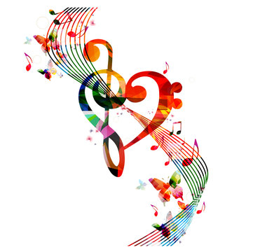 Colorful G-clef heart with music notes and butterflies