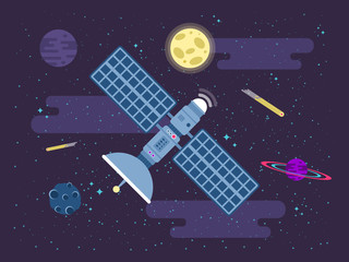 illustration of satellite flies in outer space in a flat style