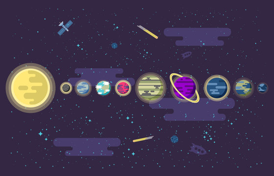 illustration of a set  all the planets  the solar system in outer space.