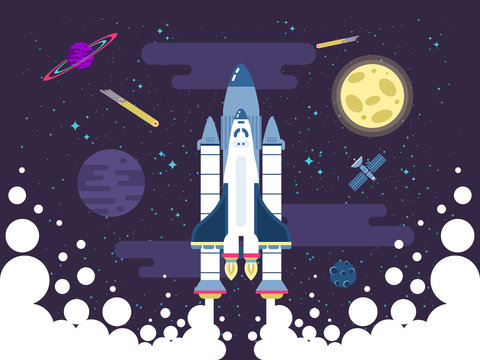 illustration of rocket flies in outer space in a flat style
