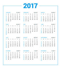 Calendar for 2017 year on white background. Vector design print template. Week starts Sunday. Stationery design