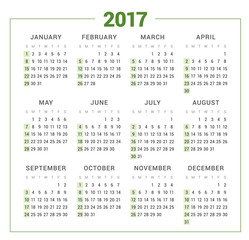 Calendar for 2017 year on white background. Vector design print template. Week starts Sunday. Stationery design