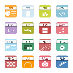 Simple vector square file types and formats labels icon set. File type format icons presentation document symbol. Audio extension file type icons graphic multimedia sign application software folder.