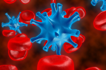 The red blood cells. 3D render of blood defeat the virus. Red blood cells are fighting the bacteria. Protection of cages of an organism.