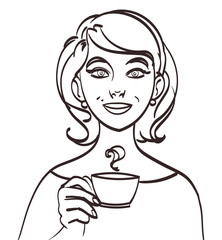 vector cute smiling woman with tea or coffee. Isolated eps 10