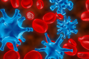 Fototapeta premium The red blood cells. 3D render of blood defeat the virus. Red blood cells are fighting the bacteria. Protection of cages of an organism.