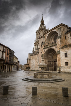 a street and cathedral in autumn, Burgo de Osma on a rainy day, Soria, Spain