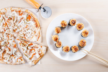 cooked pizza on thin crust in the kitchen