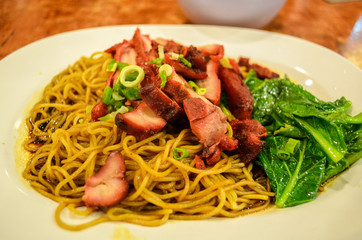 Close-Up of Egg Noodles with Barbecue Porks 