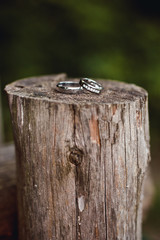 Beautiful engagement ring lie on wooden stand