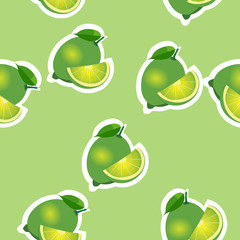 Pattern. lime and leavesand slices same sizes on lime background.