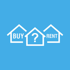 Buy or rent house. White home symbol with the question. Vector illustration in flat style on colourful blue background.