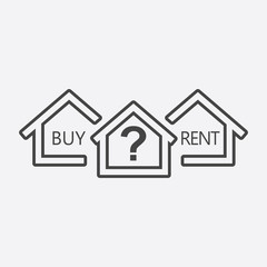 Concept of choice between buying and renting house in line style. Black home icon with the question. Vector illustration in flat style on white background.