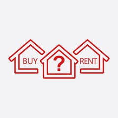 Fototapeta na wymiar Concept of choice between buying and renting house in line style. Red home icon with the question. Vector illustration in flat style on white background.