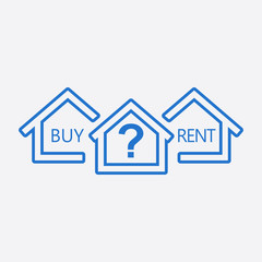 Concept of choice between buying and renting house in line style. Blue home icon with the question. Vector illustration in flat style on white background.