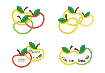 Happy New Year greeting card and icons of colourful apples. in Hebrew