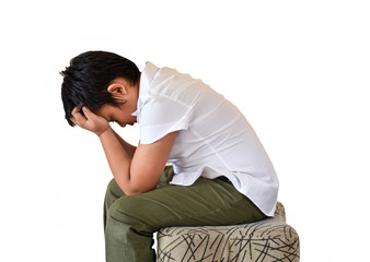 asian boy feel sad and hand off to the face