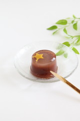 Japanese traditional summer sweet azuki-bean jelly Mizu-yokan covered with beautiful star shaped citron flavored jelly