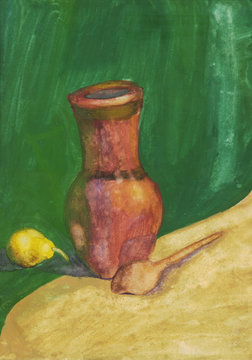 still life with pears and pitcher, painting gouache
