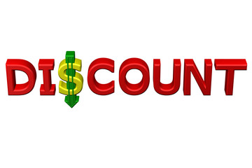 Concept: word discount with arrow. 3D rendering.