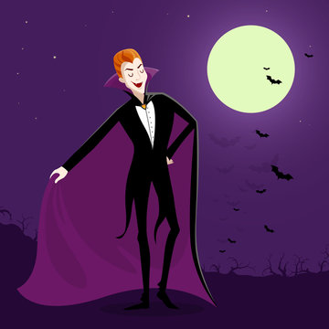 Vector Illustration of a Charming Dracula Vampire. Funny Cartoon Vampire.