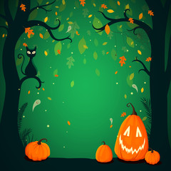 Vector Illustration of a Halloween Poster Background with Trees, Autumn Leaves and Funny Pumpkins