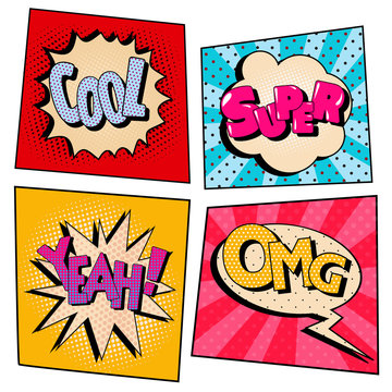 Vintage Pop Art Comic Speech Bubble Set with Expressions. Vector illustration