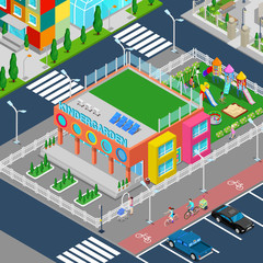 Isometric Kindergarten with Playground and Children. Vector illustration