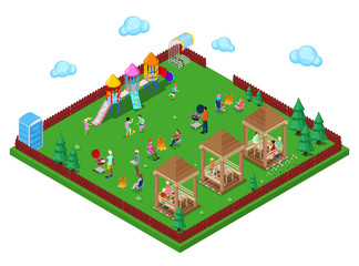 Family Grill BBQ Area in the Forest with Children Playground and Active People Cooking Meat. Isometric City. Vector illustration