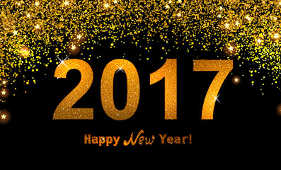 The gold glitter New Year 2017 in modern style on black background.
