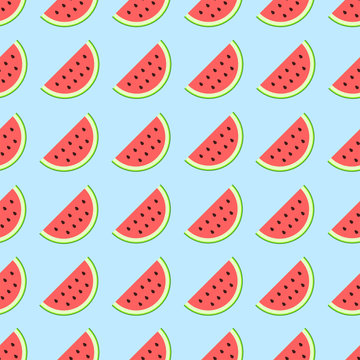 Watermelon on  blue background. Juicy bright segments of watermelon seamless pattern. Vector flat illustration